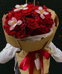 Bó hoa hồng ohara đỏ mix tulip A0135