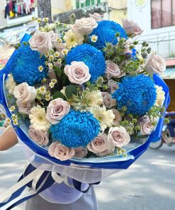Bó hoa Cúc mẫu đơn mix hoa hồng manta và hoa lá phụ A0184