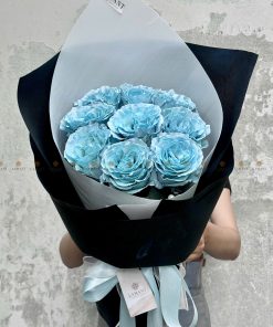 Bó hoa 9 cành hồng Sky blue nhập khẩu A0348