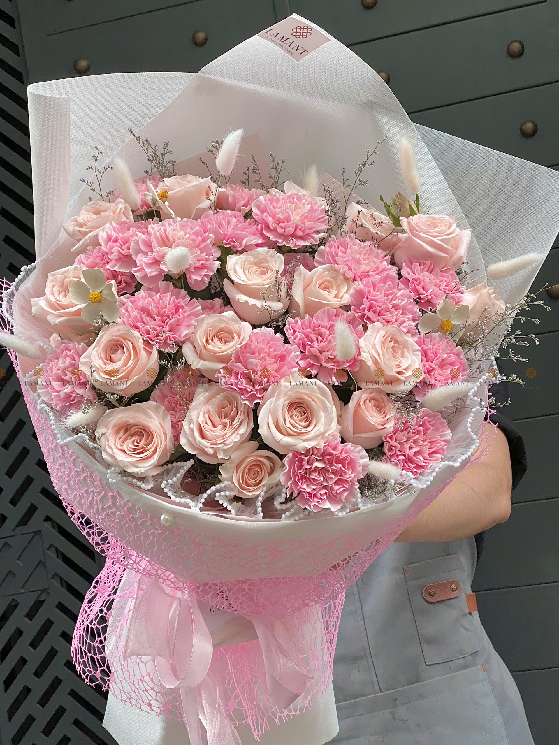 Bó hoa hồng Pinkrose và cẩm chướng hồng nhạt A0360 - Hình ảnh 5