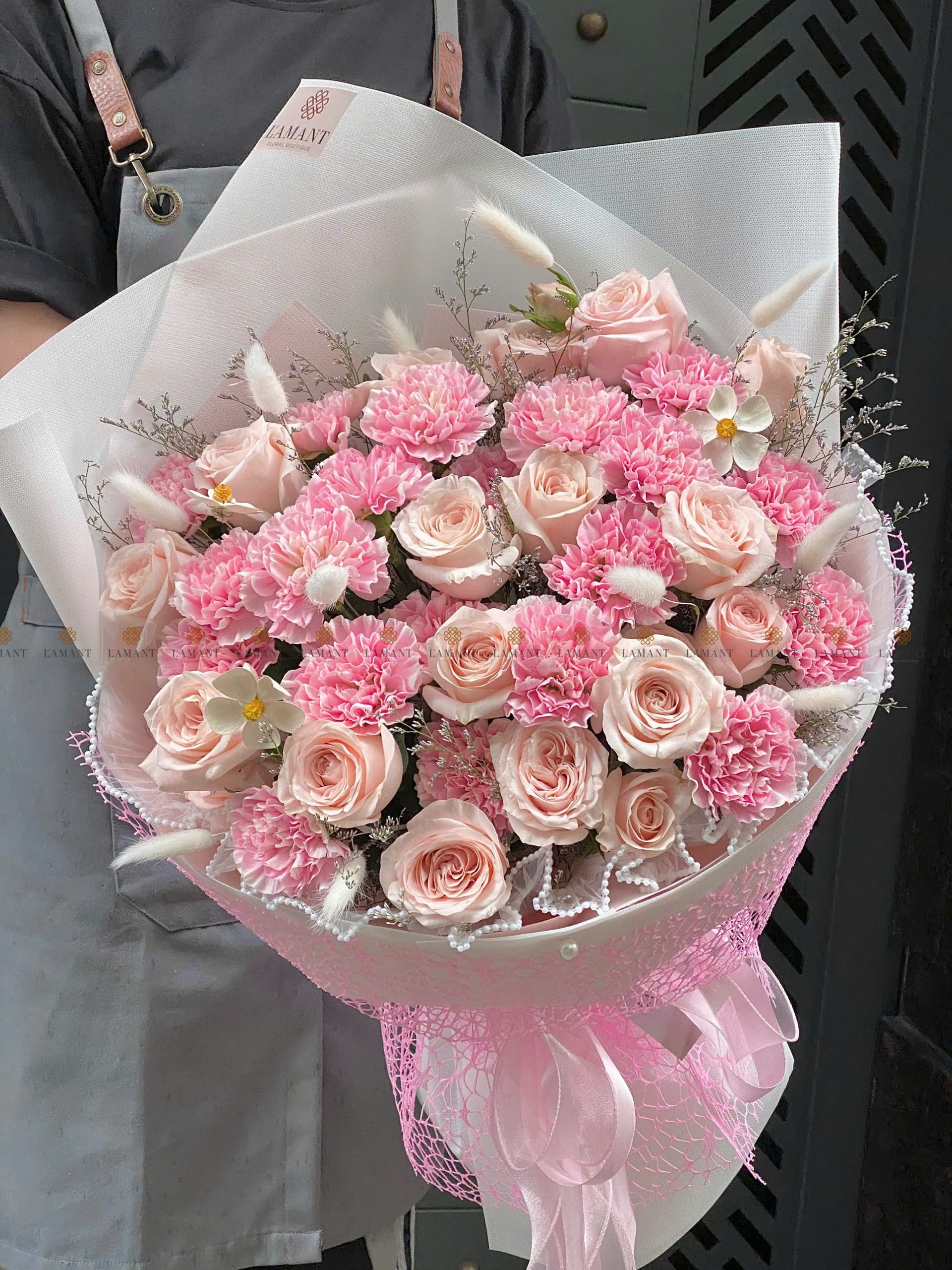 Bó hoa hồng Pinkrose và cẩm chướng hồng nhạt A0360 - Hình ảnh 3