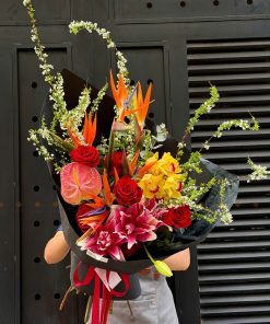 Bó hoa mix tone đỏ cam A0417