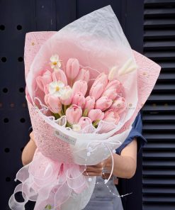 Bó hoa mix 20 cành Tulip hồng đào A0468
