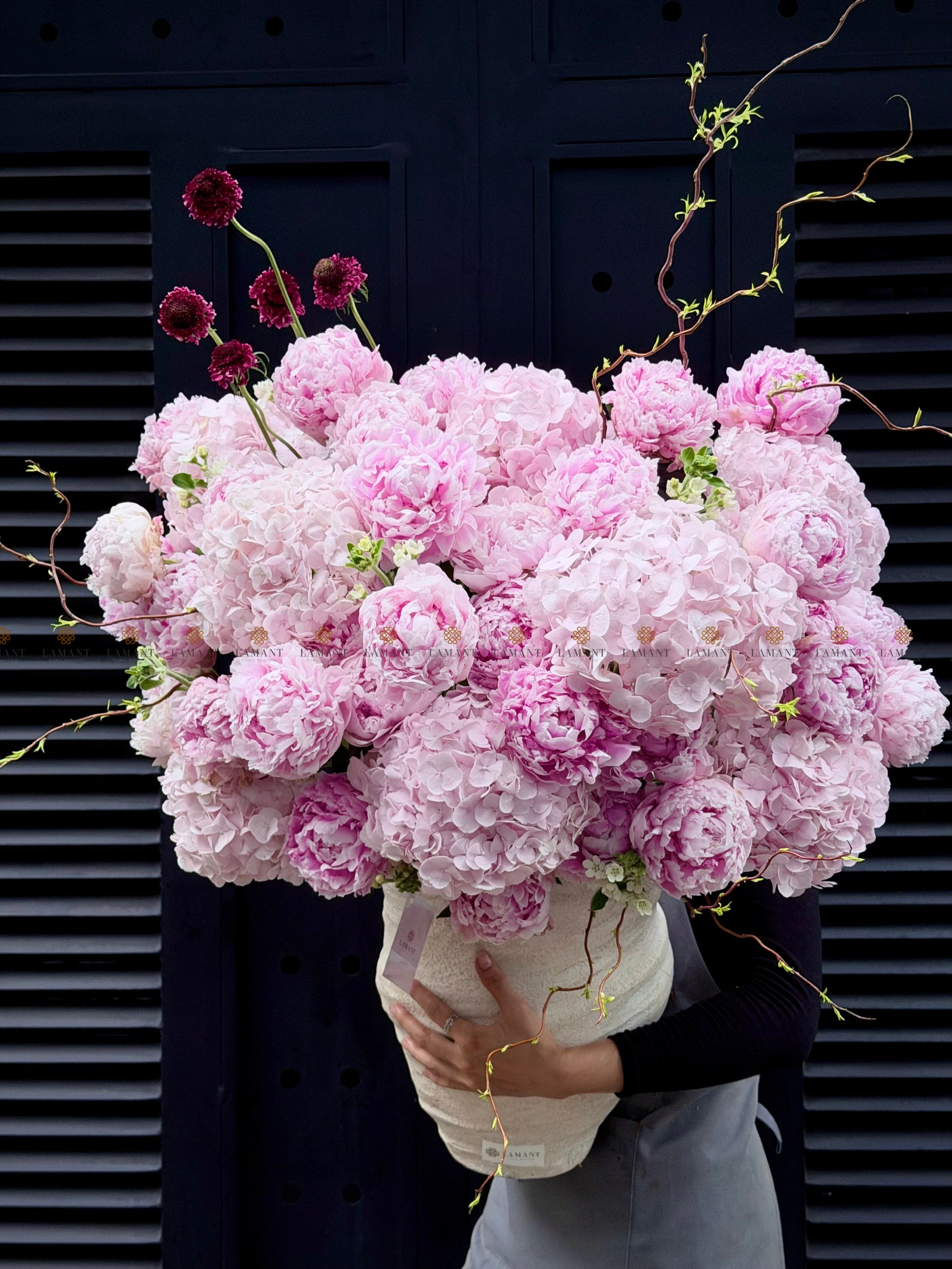 CHẬU HOA 40 CÀNH PEONY SARAH MIX TÚ CẦU HỒNG NHẠT L0099