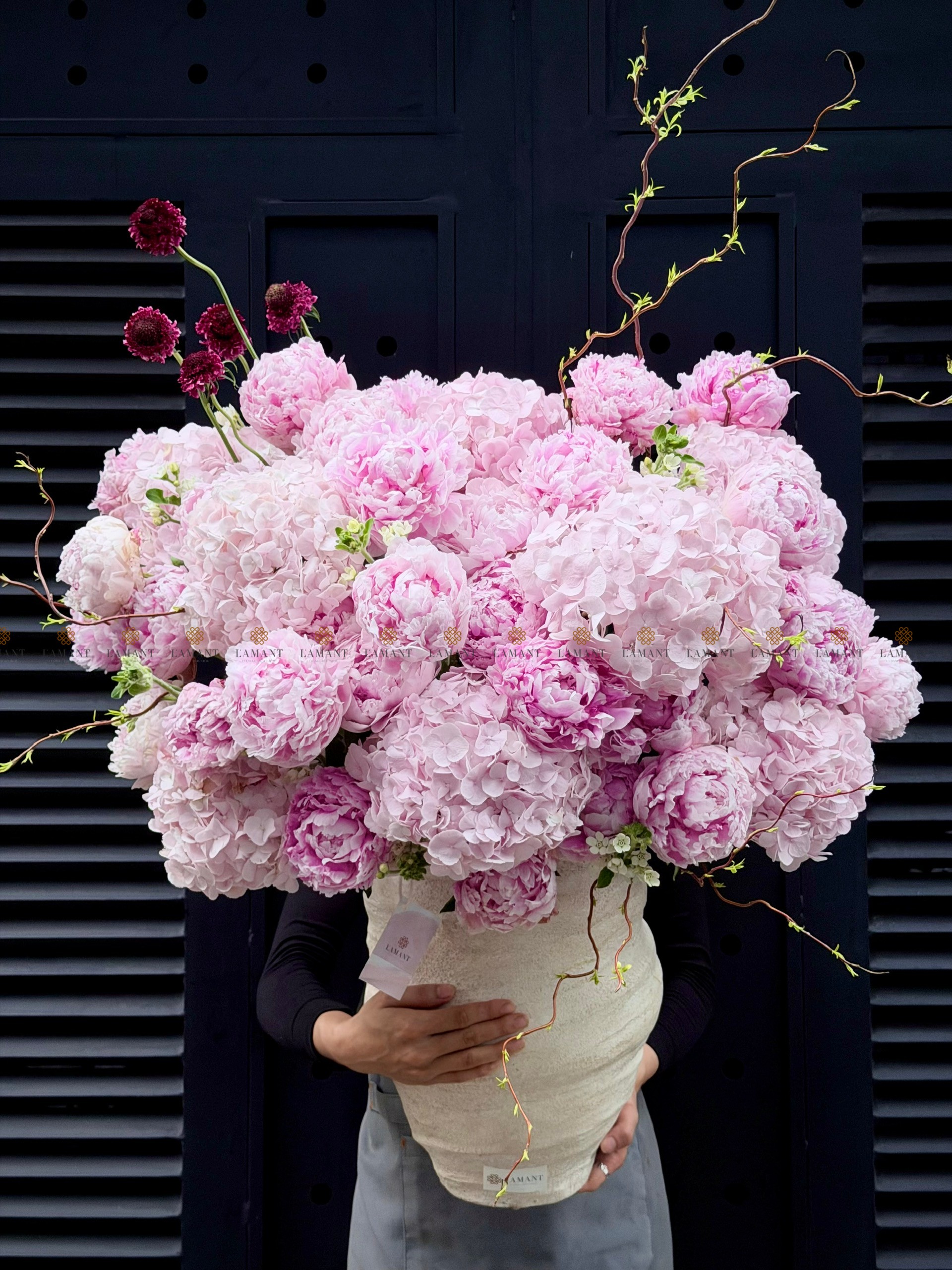 CHẬU HOA 40 CÀNH PEONY SARAH MIX TÚ CẦU HỒNG NHẠT L0099 - Hình ảnh 10