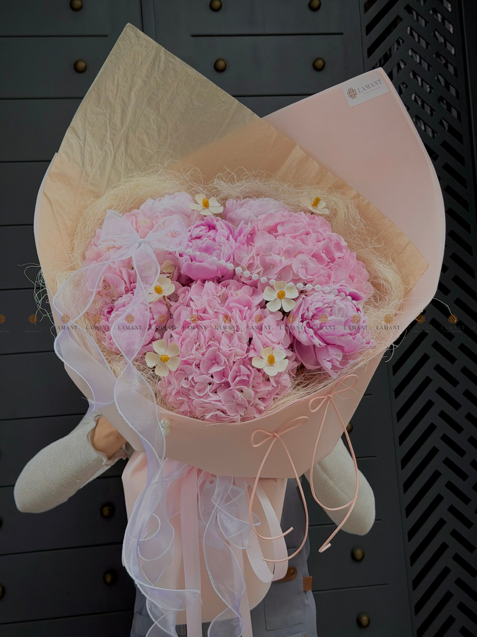 Bó hoa 5 cành peony mix 3 cành tú cầu hồng nhạt A0561 - Hình ảnh 8
