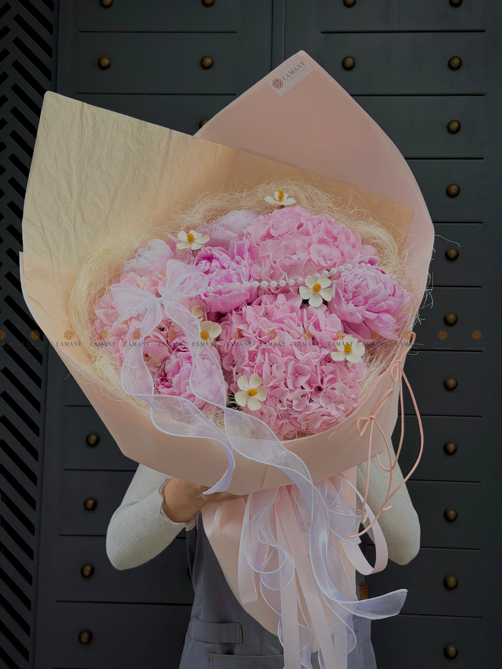 Bó hoa 5 cành peony mix 3 cành tú cầu hồng nhạt A0561 - Hình ảnh 7