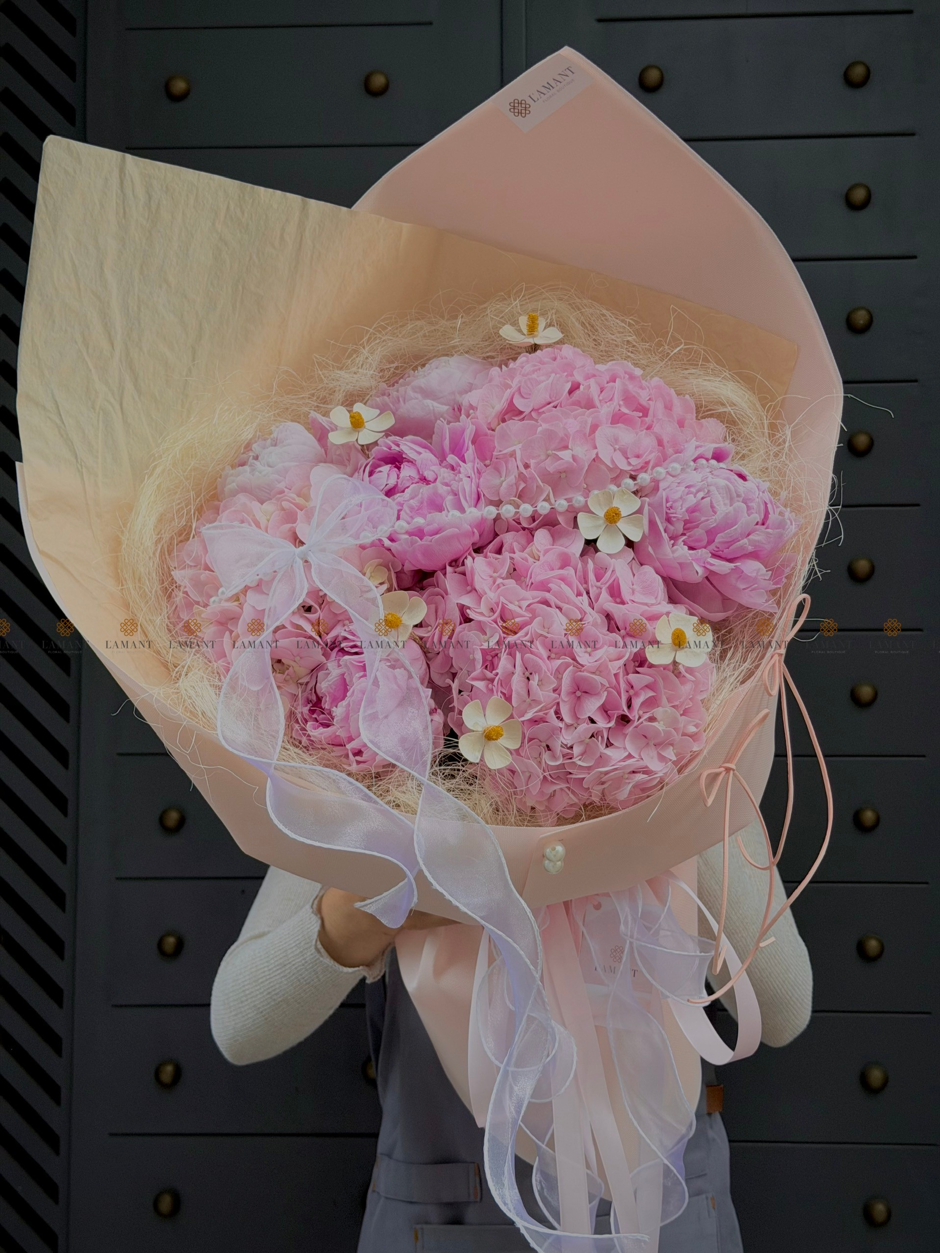 Bó hoa 5 cành peony mix 3 cành tú cầu hồng nhạt A0561 - Hình ảnh 6