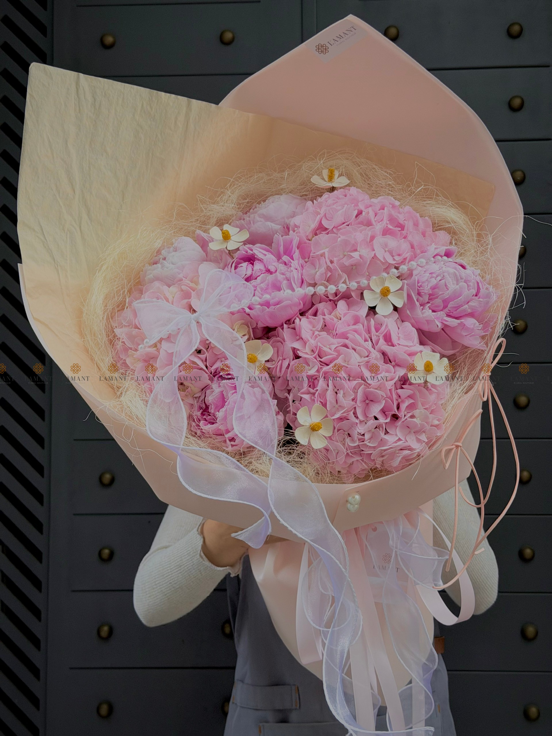 Bó hoa 5 cành peony mix 3 cành tú cầu hồng nhạt A0561 - Hình ảnh 5