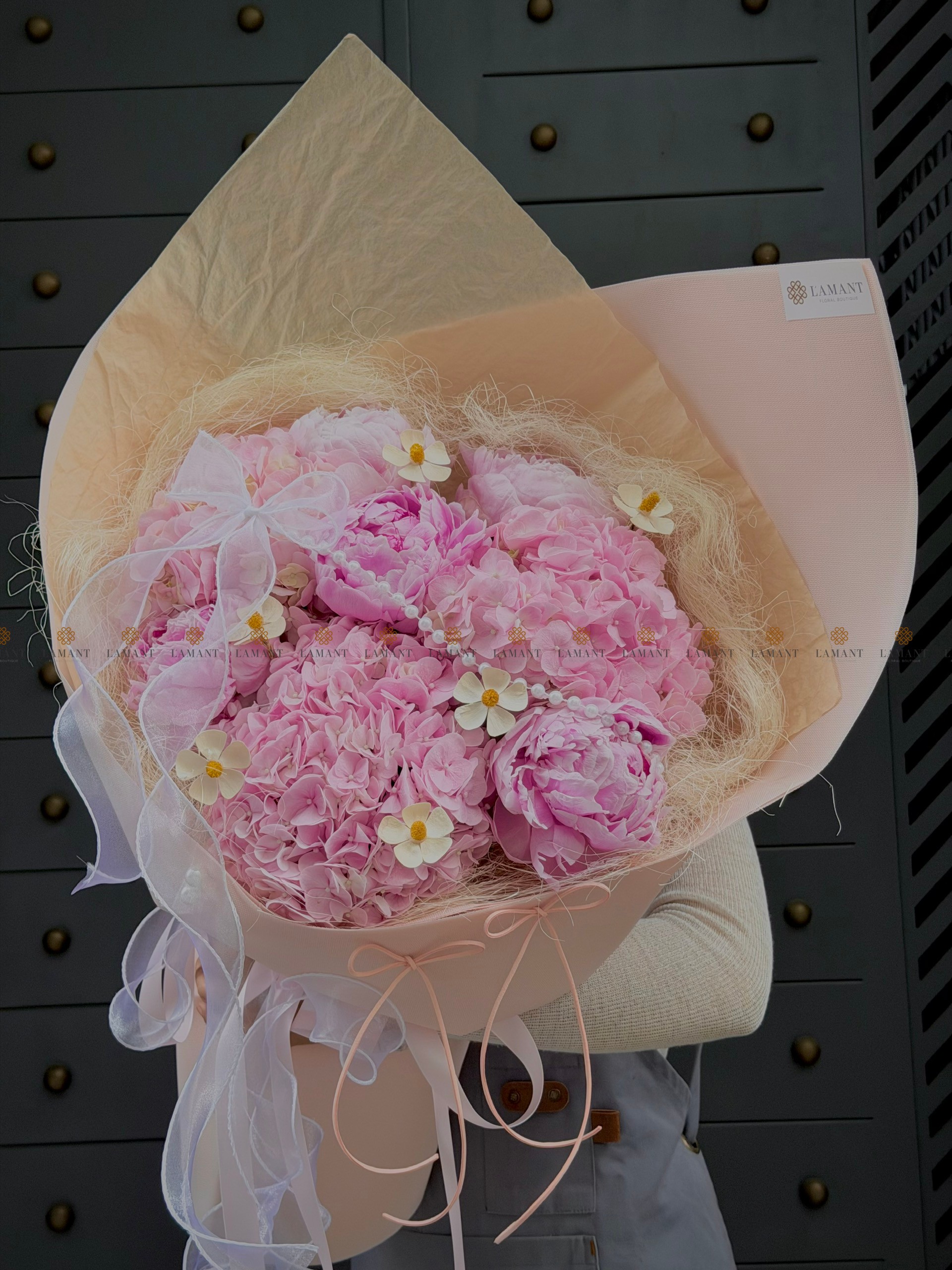 Bó hoa 5 cành peony mix 3 cành tú cầu hồng nhạt A0561 - Hình ảnh 4