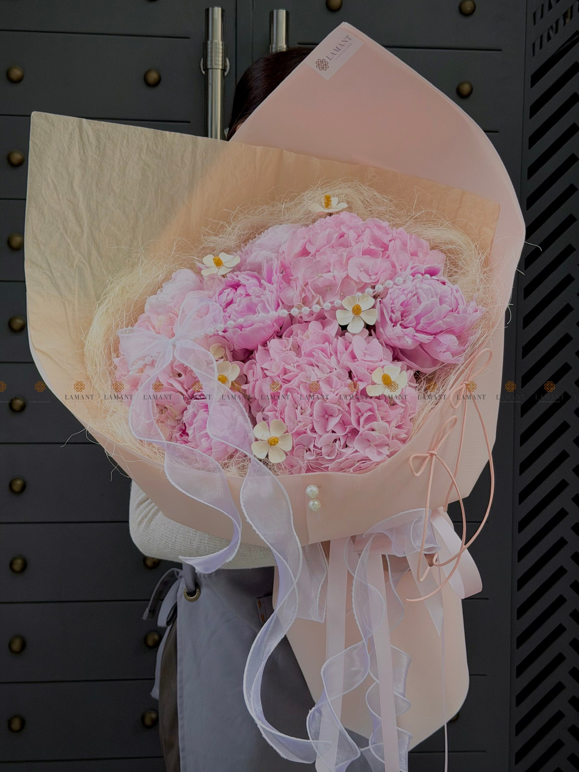 Bó hoa 5 cành peony mix 3 cành tú cầu hồng nhạt A0561 - Hình ảnh 9